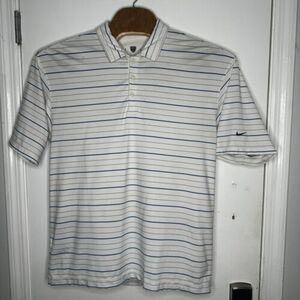 Nike Golf Mens White Blue Striped Short Sleeve Polo DRI FIT UV Sz L Large